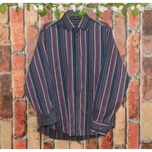 Mens BUGATCHI UOMO L Colorful Striped Contrast Cuff Dress Shirt Classic Cotton